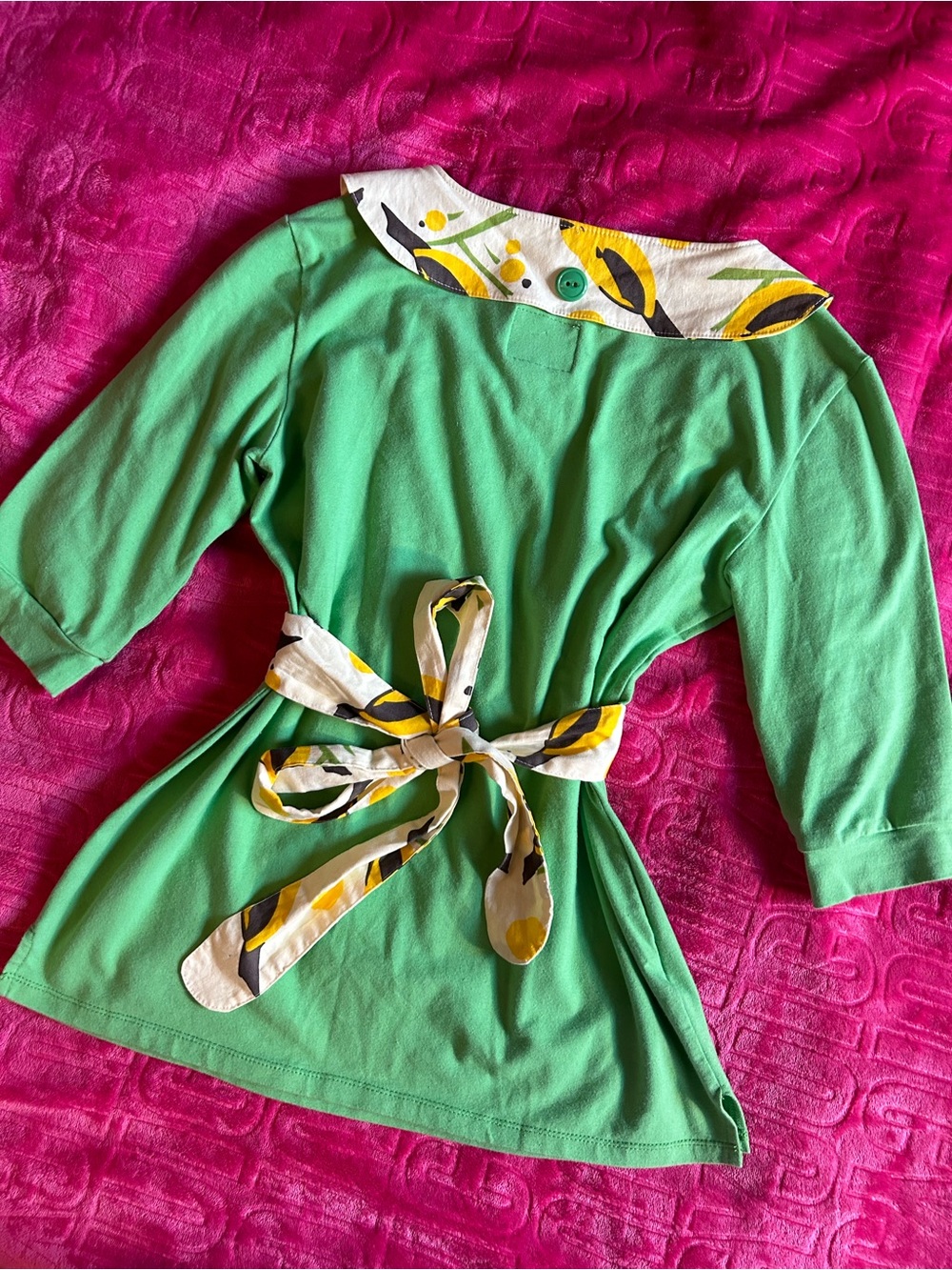 Local Designer “Astrosatchel” Bright Green Cotton Top with Patterned Ribbon Tie